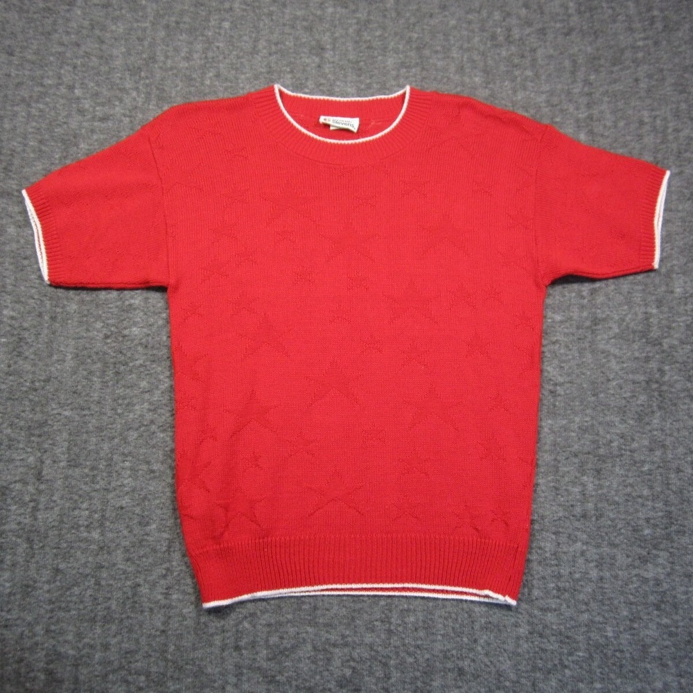 Vtg Cristin Stevens Sweater Womens S Red White Trim Star Crocheted USA Made 80s‎